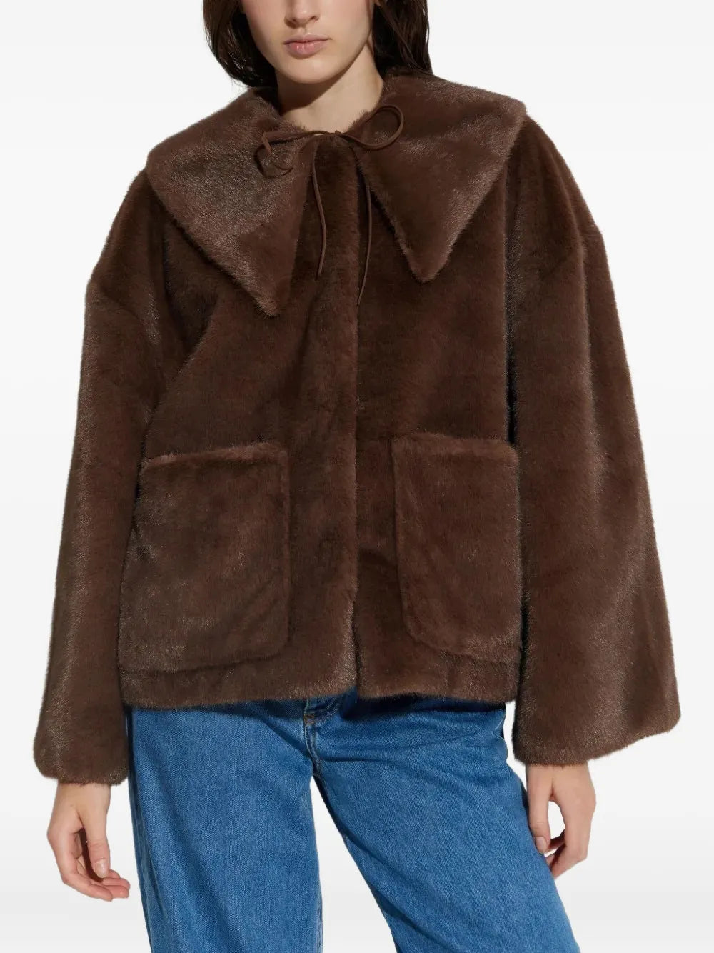 Model wearing Jacquie Faux Fur Jacket in Carafe, demonstrating its sophisticated fit and design.