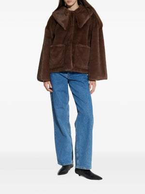 Close-up of Jacquie Faux Fur Jacket in Carafe showing the chic necktie and soft faux fur texture.