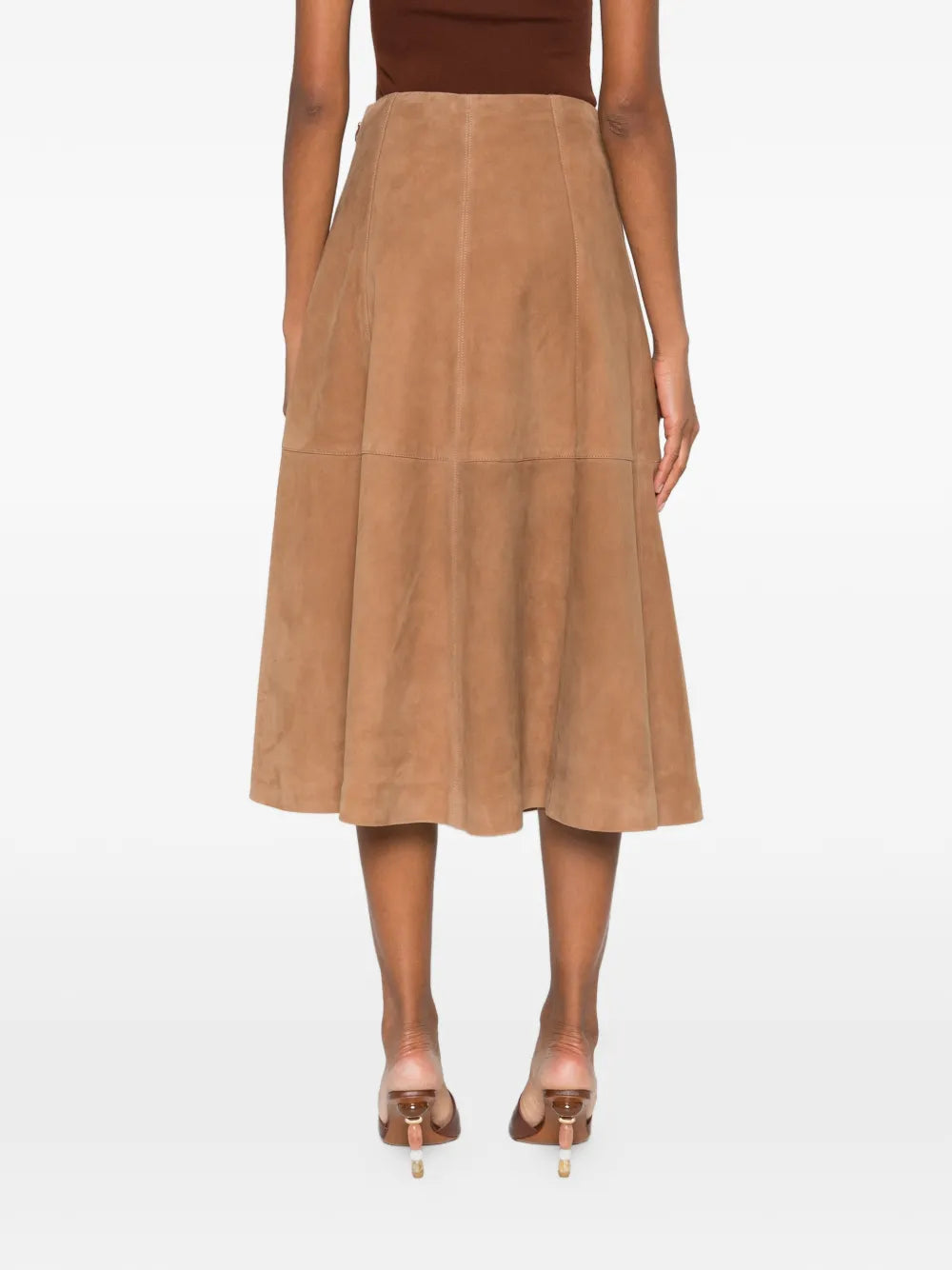 Model wearing the Bonnie Midi Skirt in Camel, styled for a chic casual outfit.