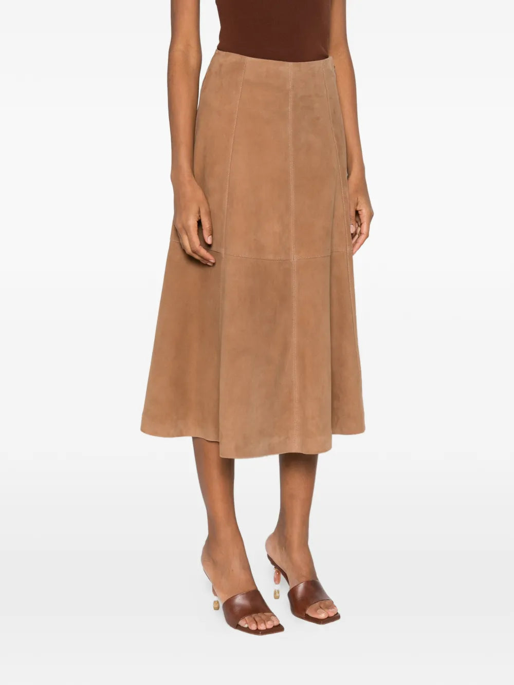 Back view of the Bonnie Midi Skirt in Camel, demonstrating its elegant design and a-line cut.