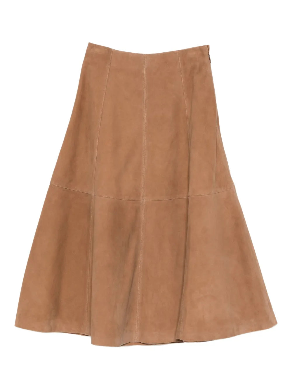 Bonnie Midi Skirt in Camel, a stylish a-line silhouette made from suede panels by Simkhai.