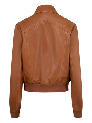 Side view of Sue Leather Jacket in Cognac, illustrating the bomber jacket design and comfortable fit.