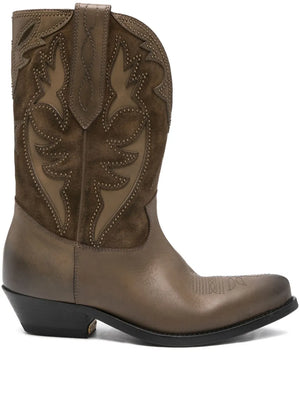 Wish Star Low Inlaid Embroidery Boot in Kaki by Golden Goose Deluxe Brand, showcasing the unique combination of leather and suede materials.