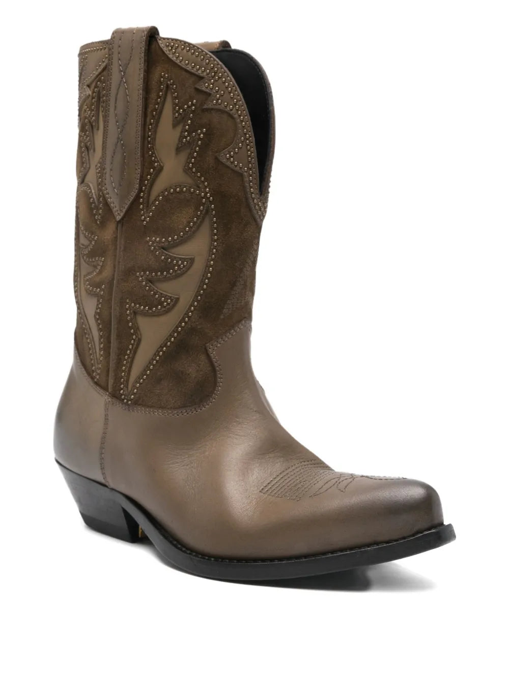 Side view of Wish Star Low Inlaid Embroidery Boot in Kaki, featuring intricate suede inlays and elegant embroidery.