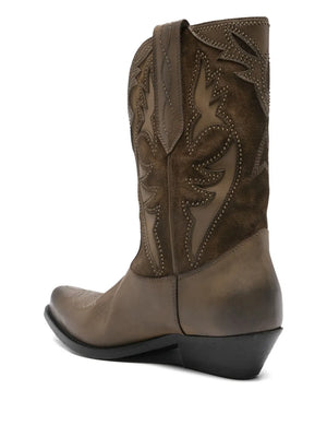 Close-up of the toe area of Wish Star Low Inlaid Embroidery Boot in Kaki, highlighting the detailed craftsmanship and design.
