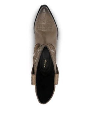 Fashionable look of the Wish Star Low Inlaid Embroidery Boot in Kaki, perfect for pairing with any stylish outfit.
