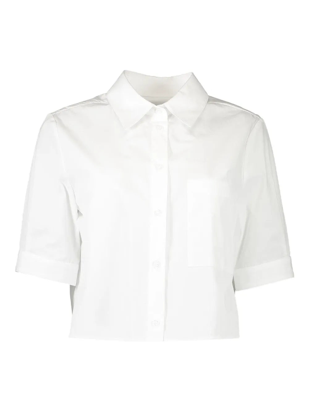 Short Lived Shirt in White displayed on a model, showcasing its cropped half sleeve and boxy fit.