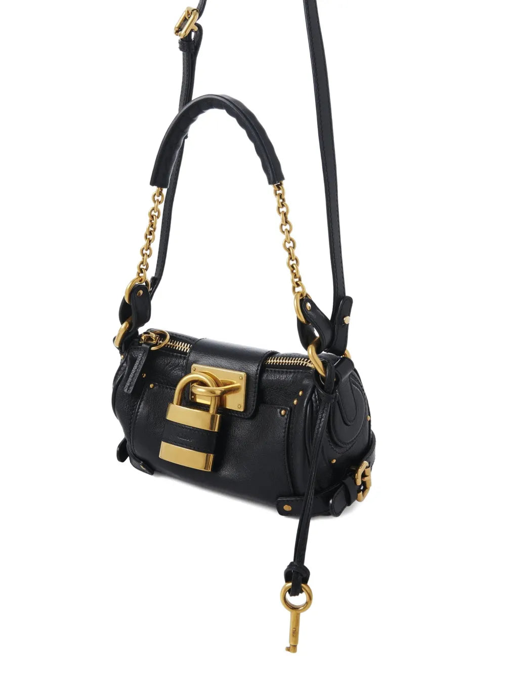 Chloé's Small Paddington Chain Bag in Black displayed with adjustable leather strap for versatile styling options.