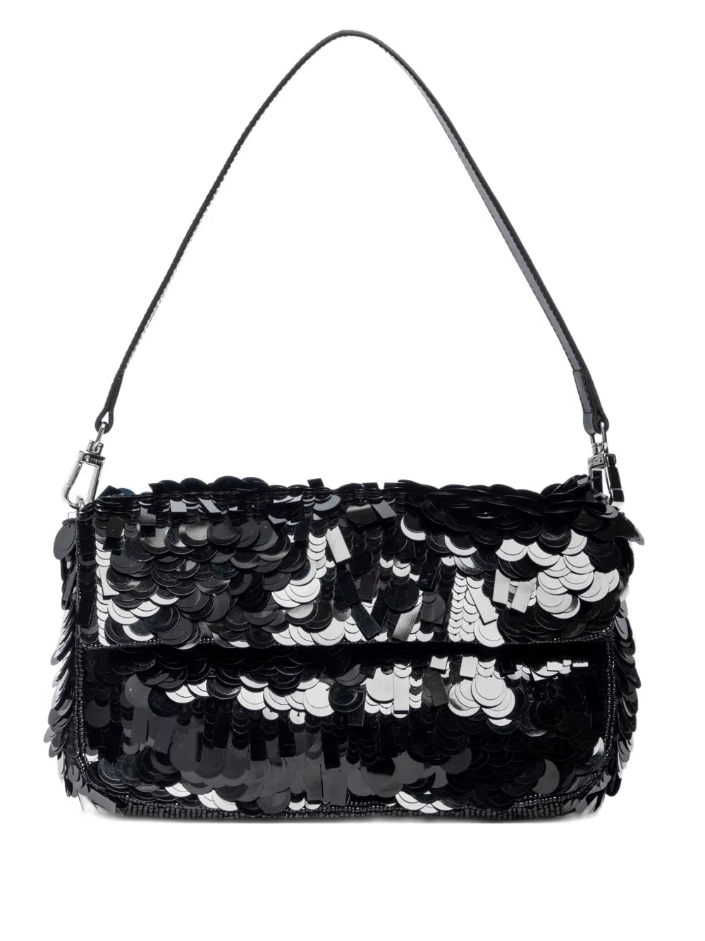 Timmy Convertible Shoulder Bag in Black with sequin design and detachable strap by Staud, showcasing its interior zip pocket.