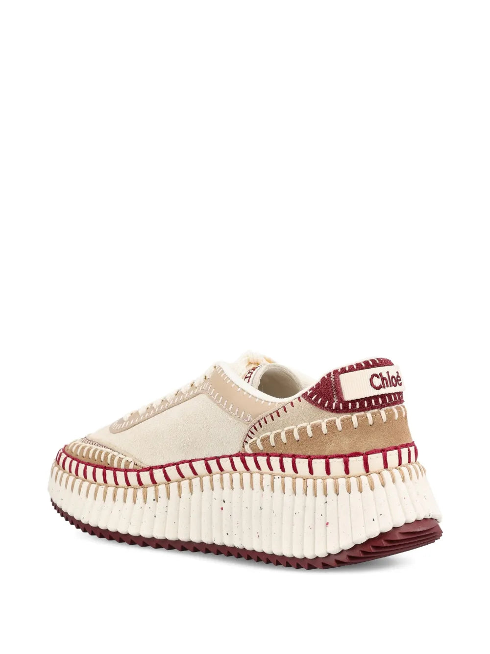 Stylish Chloé Nama Sneakers in Beige/Purple with a 2-inch heel and eco-friendly recycled sole.
