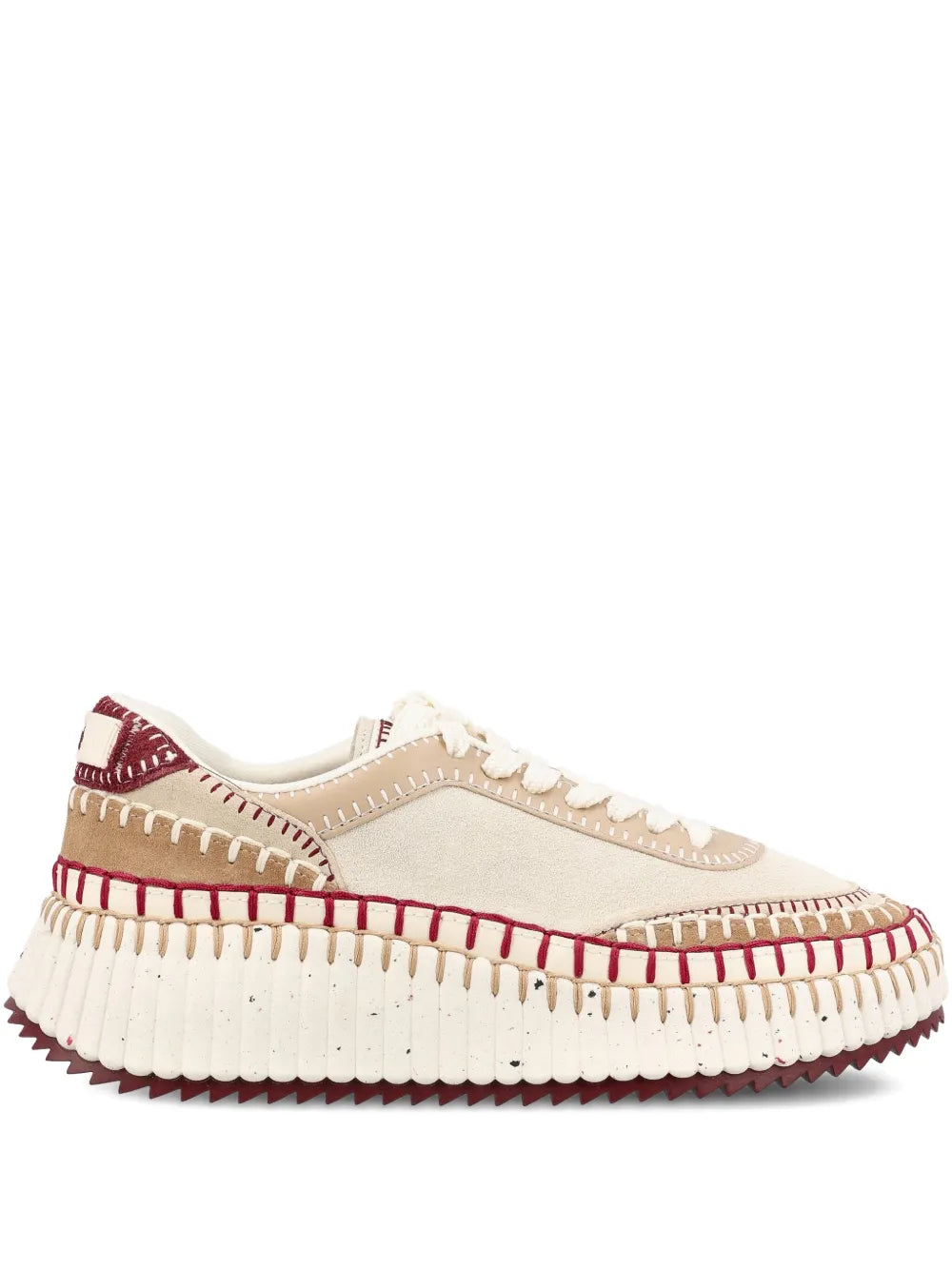 Chloé Nama Sneakers in Beige/Purple featuring a soft suede and cowhide upper and a speckled lightweight sole.
