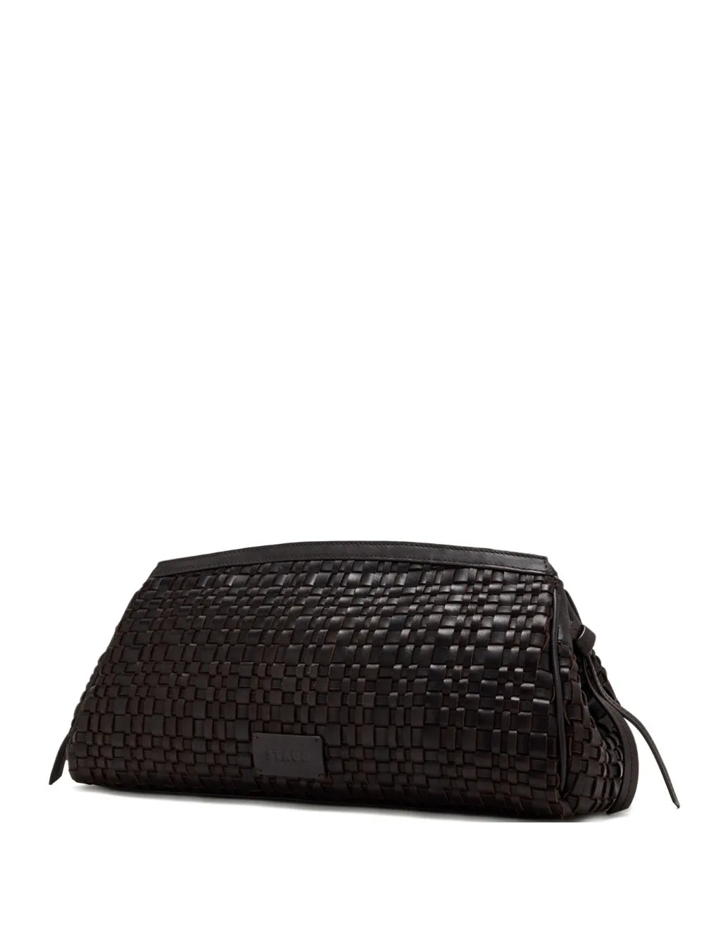 The Maude Soft Clutch in Espresso Woven, an elegant woven leather clutch with a zip pocket, perfect for any occasion.