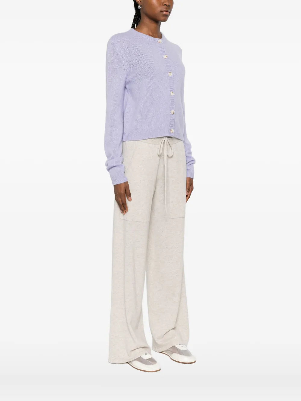 Full view of the Felicia Cardigan in Soft Lavender with ribbed trims and full-length sleeves.