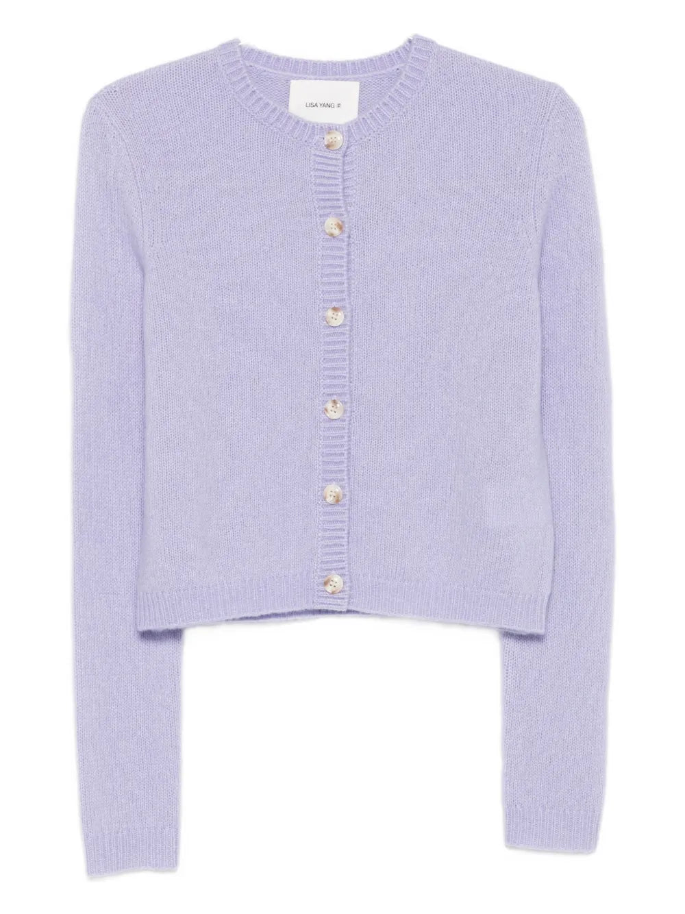 Felicia Cardigan in Soft Lavender by Lisa Yang, featuring a neat round neck and button-front closure.