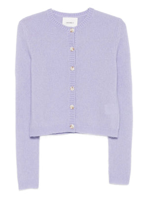 Felicia Cardigan in Soft Lavender by Lisa Yang, featuring a neat round neck and button-front closure.