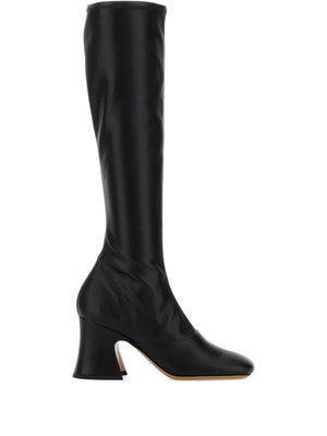 Chloé Janis Heeled Boots in Black, showcasing a soft leather-effect stretch textile for a second-skin fit, featuring a stacked flared heel and subtle square-toe design.