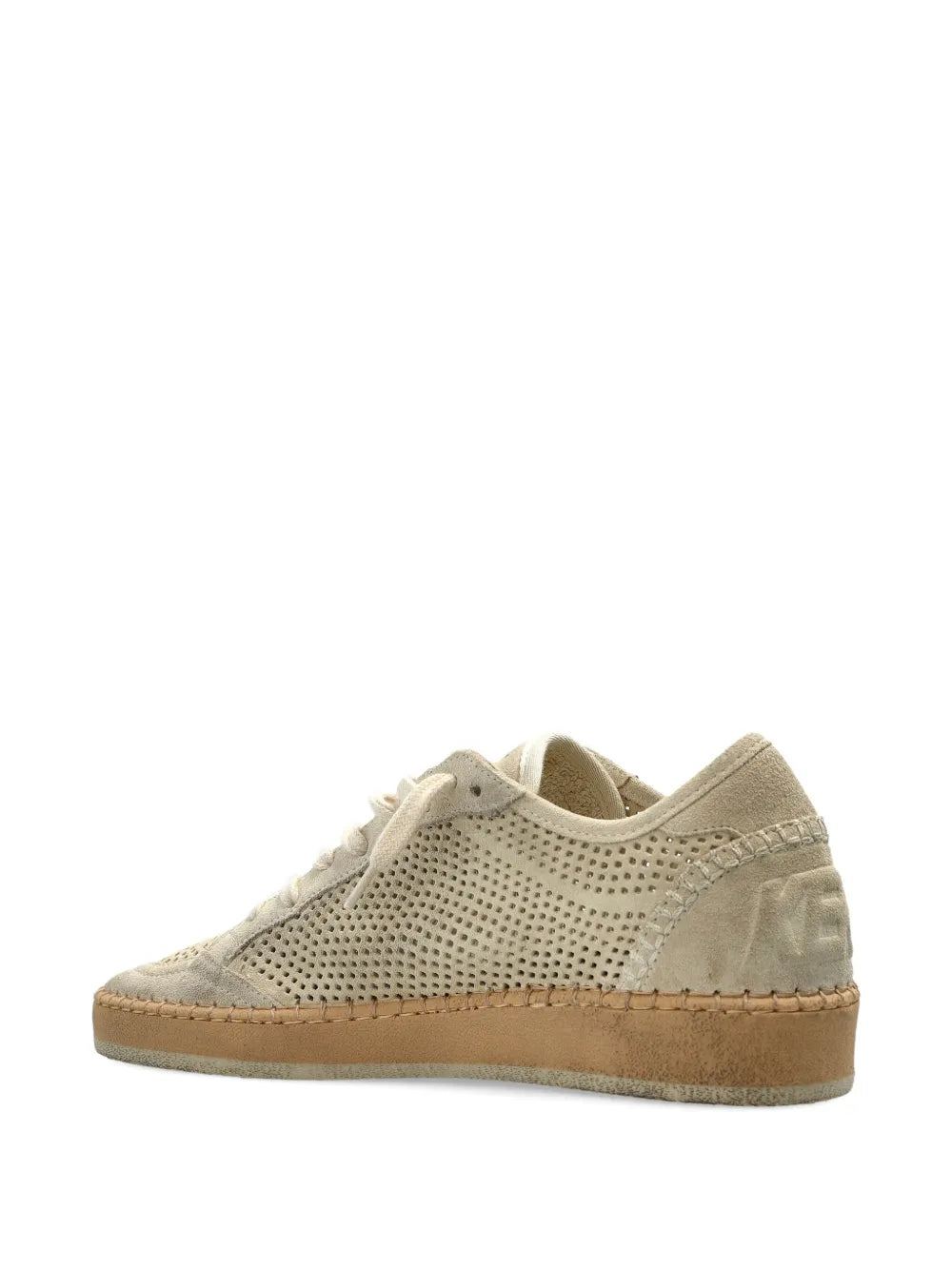 Side view of the Golden Goose Ball Star Perforated Suede sneakers in Seed Pearl, featuring a monochromatic star and heel tab.
