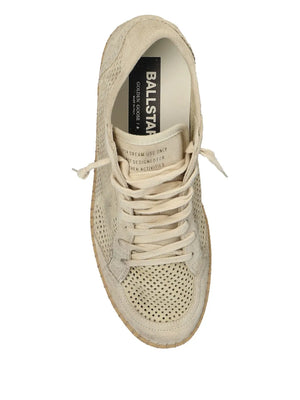 Top view of the Ball Star Perforated Suede sneakers in Seed Pearl by Golden Goose, emphasizing the unique design.