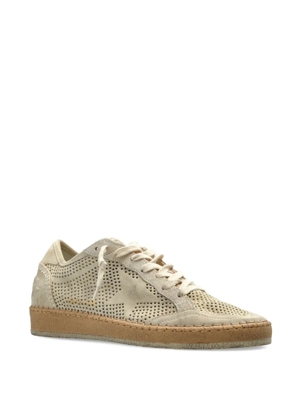 Close-up of the Ball Star Perforated Suede sneakers by Golden Goose in Seed Pearl, highlighting the texture and stitching.