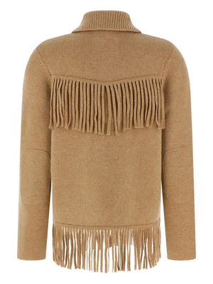 Close-up of the Western Fringe Jacket in Dune highlighting the front patch pockets and rich texture.
