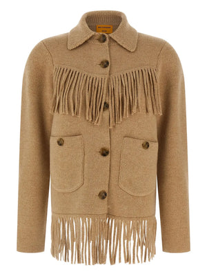Western Fringe Jacket in Dune showcasing its luxurious cashmere-wool blend and intricate fringe design.