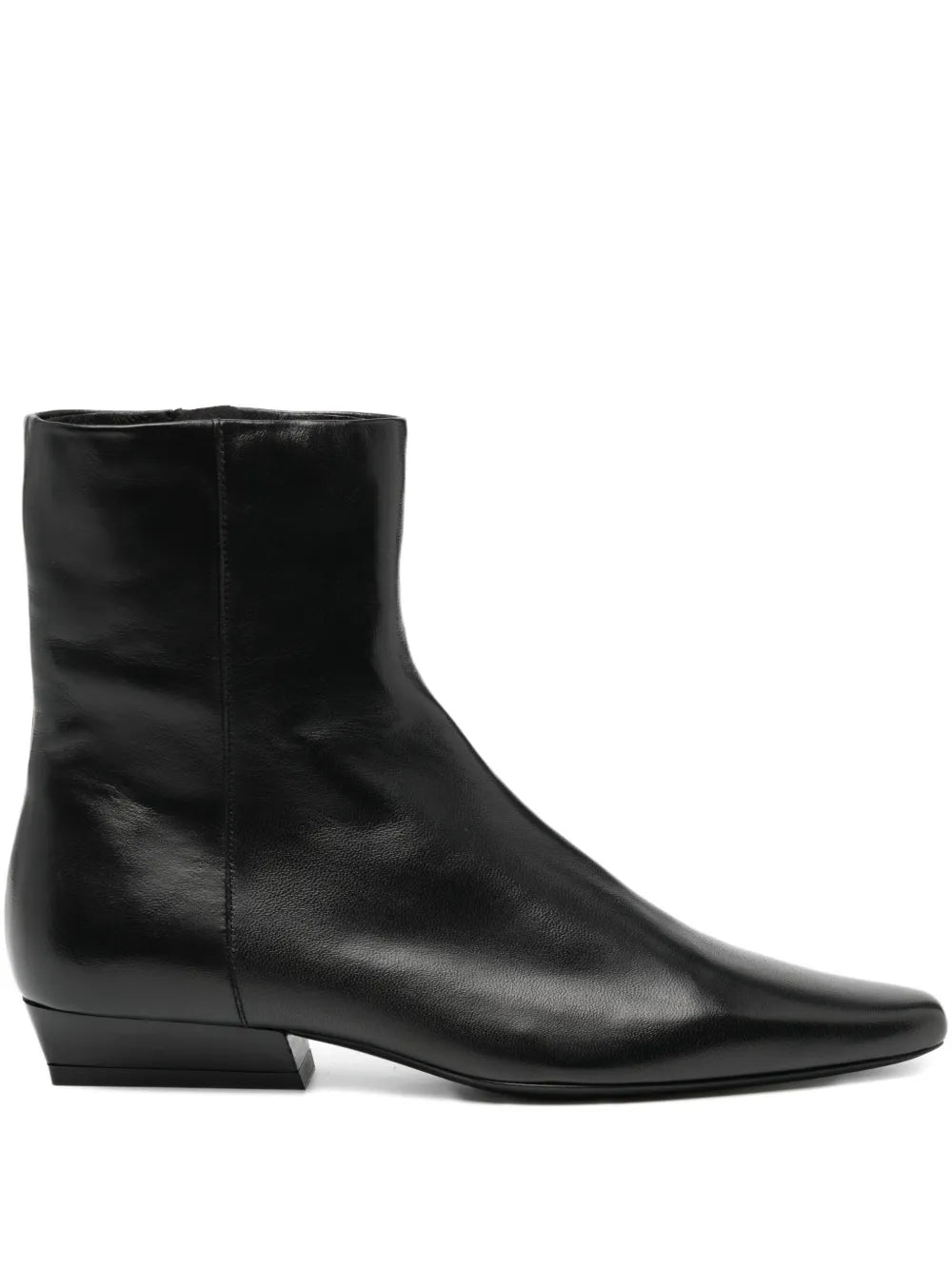 Stylish Wally Flat Ankle Boot in Black by Staud with a pointed rectangular toe and interior zipper.