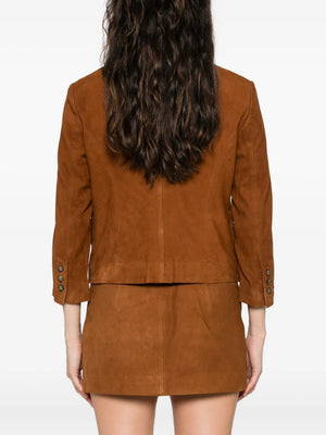 Front view of the Suede Fitted Jacket in Hazelnut displayed on a hanger, illustrating its tailored look.