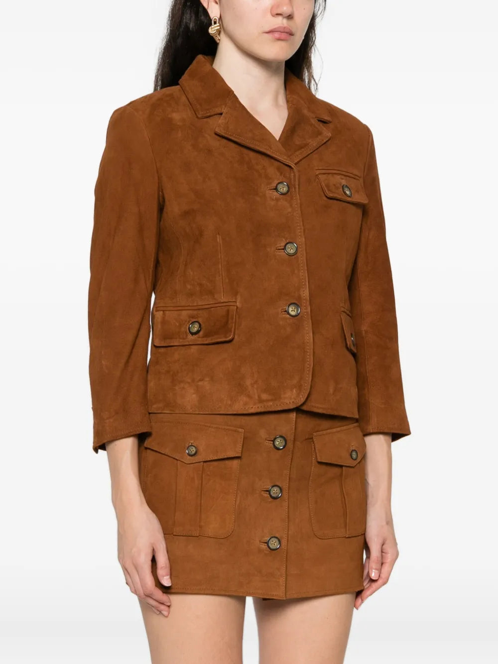 Back view of the Suede Fitted Jacket in Hazelnut, emphasizing its fitted design and elegant style.