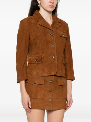 Back view of the Suede Fitted Jacket in Hazelnut, emphasizing its fitted design and elegant style.