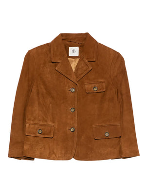 Suede Fitted Jacket in Hazelnut worn by model, showcasing its stylish cropped silhouette.