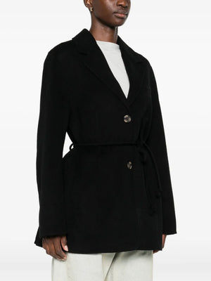 Close-up of the Hellen Blazer in Black, emphasizing the wool composition and sleek design elements.
