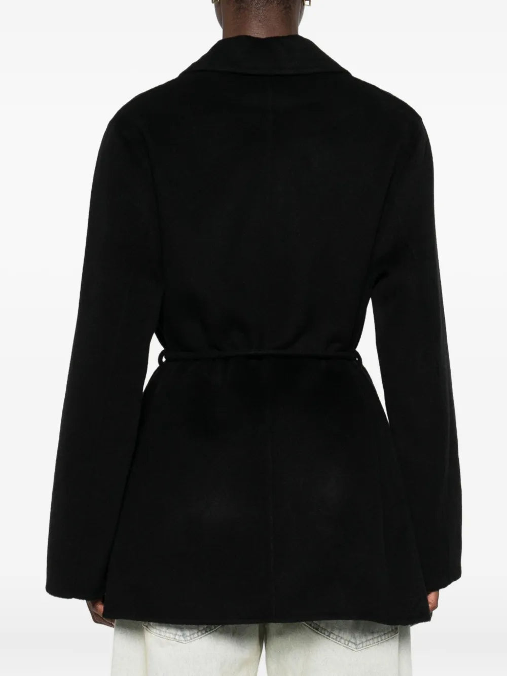 Side view of the Hellen Blazer in Black featuring its detachable waistbelt for a defined silhouette.