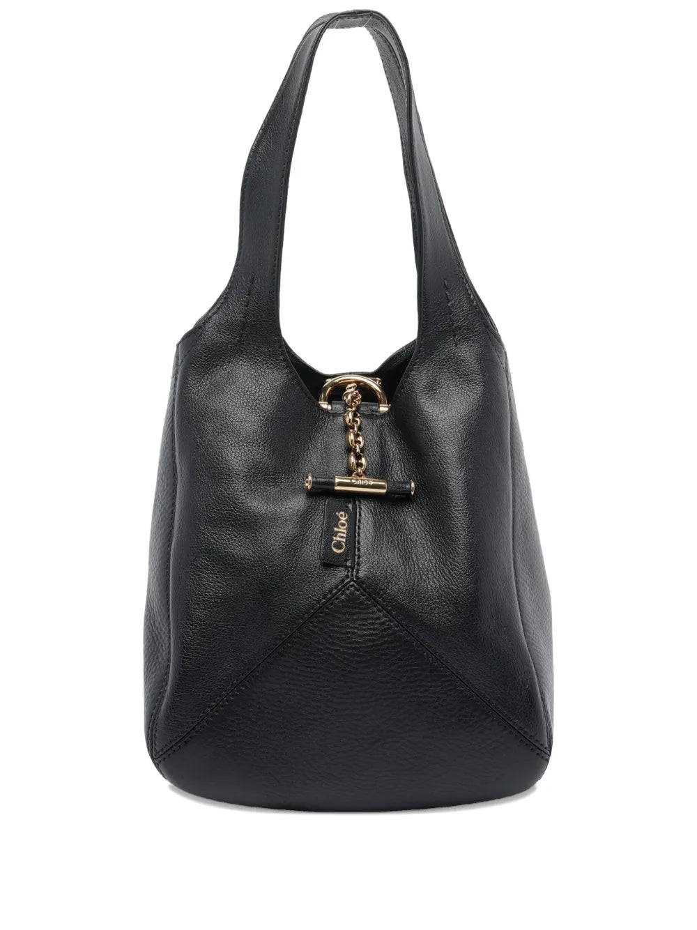 Chloé Small Balloon Bag in Black showcasing its unique patchwork design of grained buffalo leather and shiny calfskin.