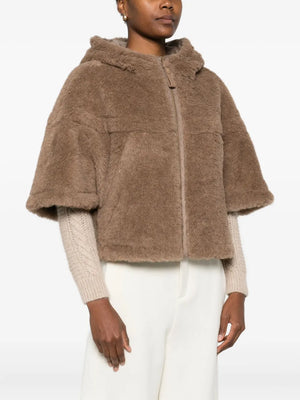 Laying flat, Max Mara's Petal04 Cape in Brown highlighting its hood and boxy fit.