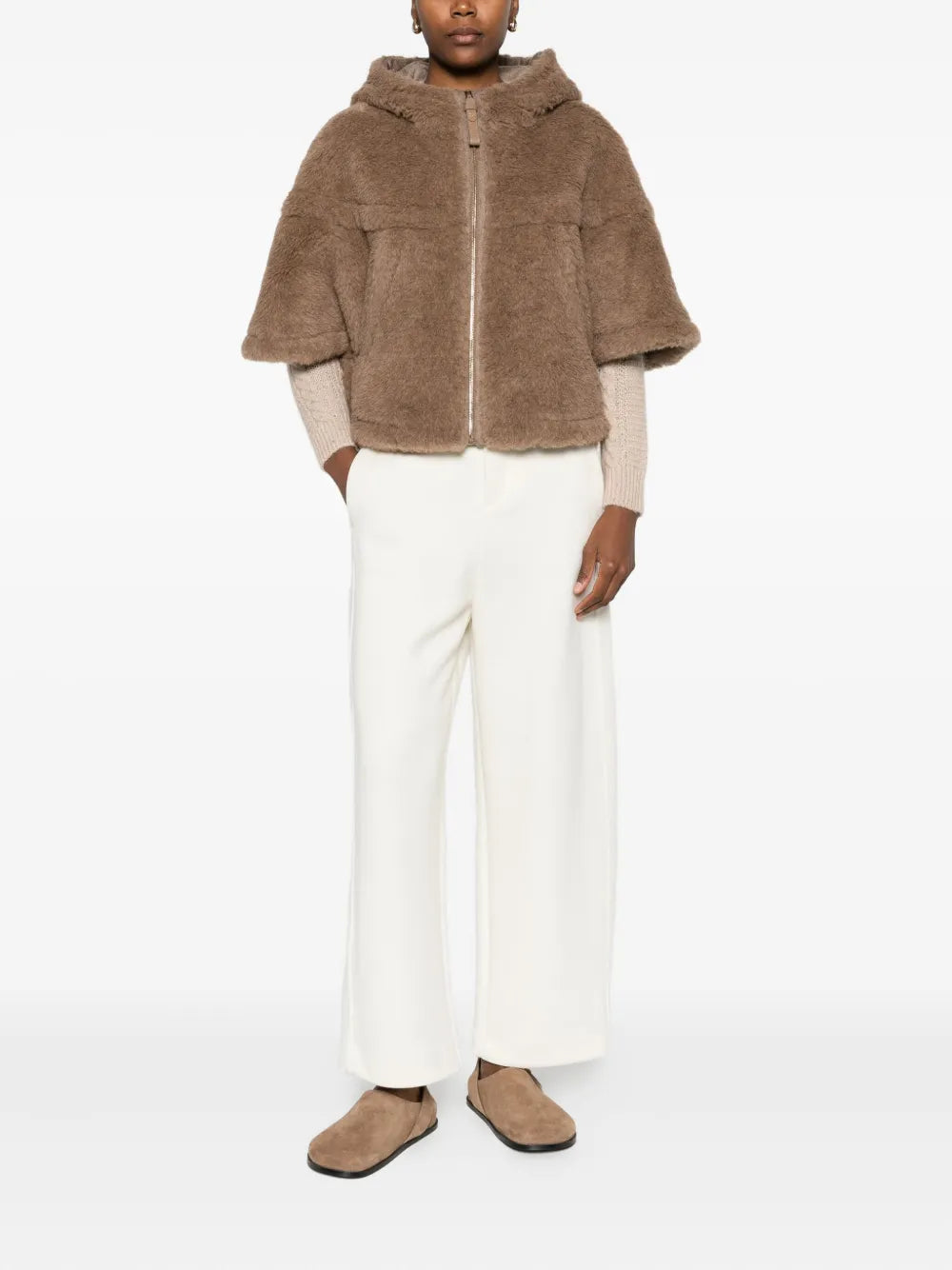 Front view of the cropped sweatshirt-style Petal04 Cape in Brown from Max Mara.