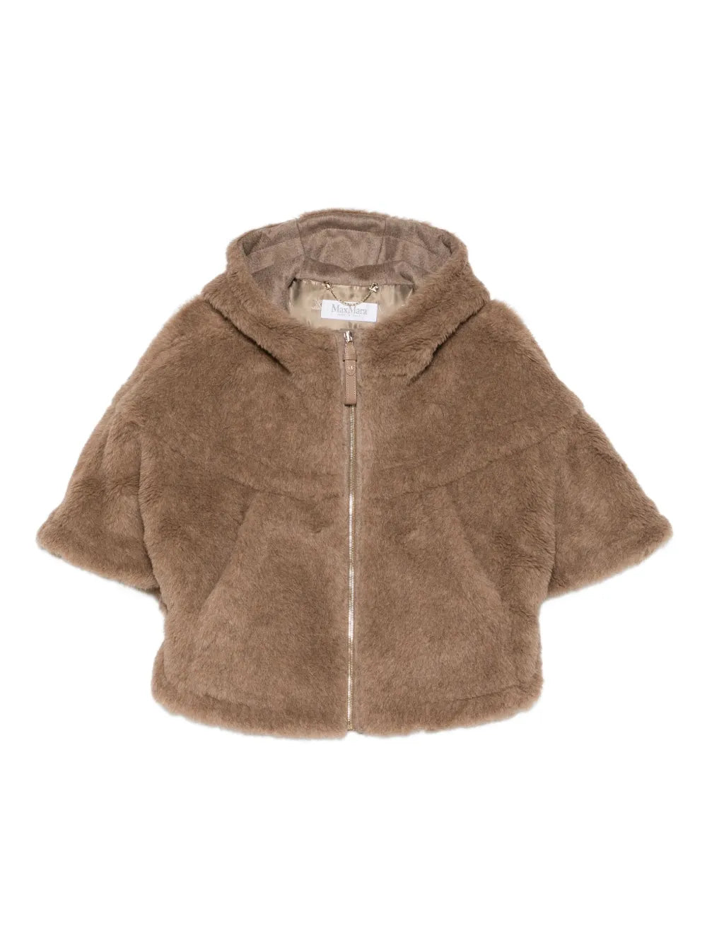 Close-up of Max Mara's Petal04 Cape in Brown showcasing the soft alpaca and wool teddy fabric.