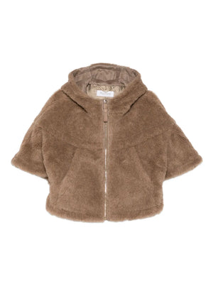 Close-up of Max Mara's Petal04 Cape in Brown showcasing the soft alpaca and wool teddy fabric.