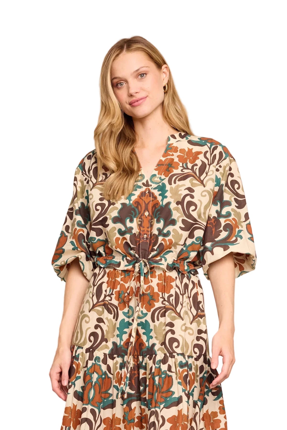 Close-up of Perrin Top in Mira Stone, featuring drawstring ties at the cropped hem.