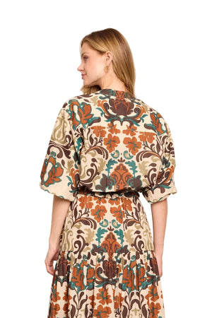 Perrin Top in Mira Stone styled with the matching Melanie Skirt, perfect for a chic and relaxed outfit.