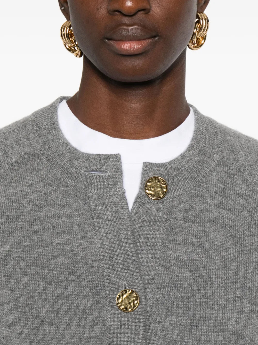 Front view of the Hammered Botton Cardigan in Grey Melange displaying its sophisticated design and unique button details.