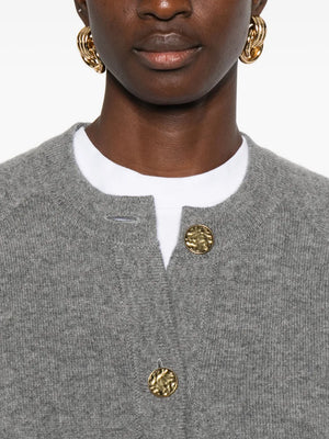 Front view of the Hammered Botton Cardigan in Grey Melange displaying its sophisticated design and unique button details.