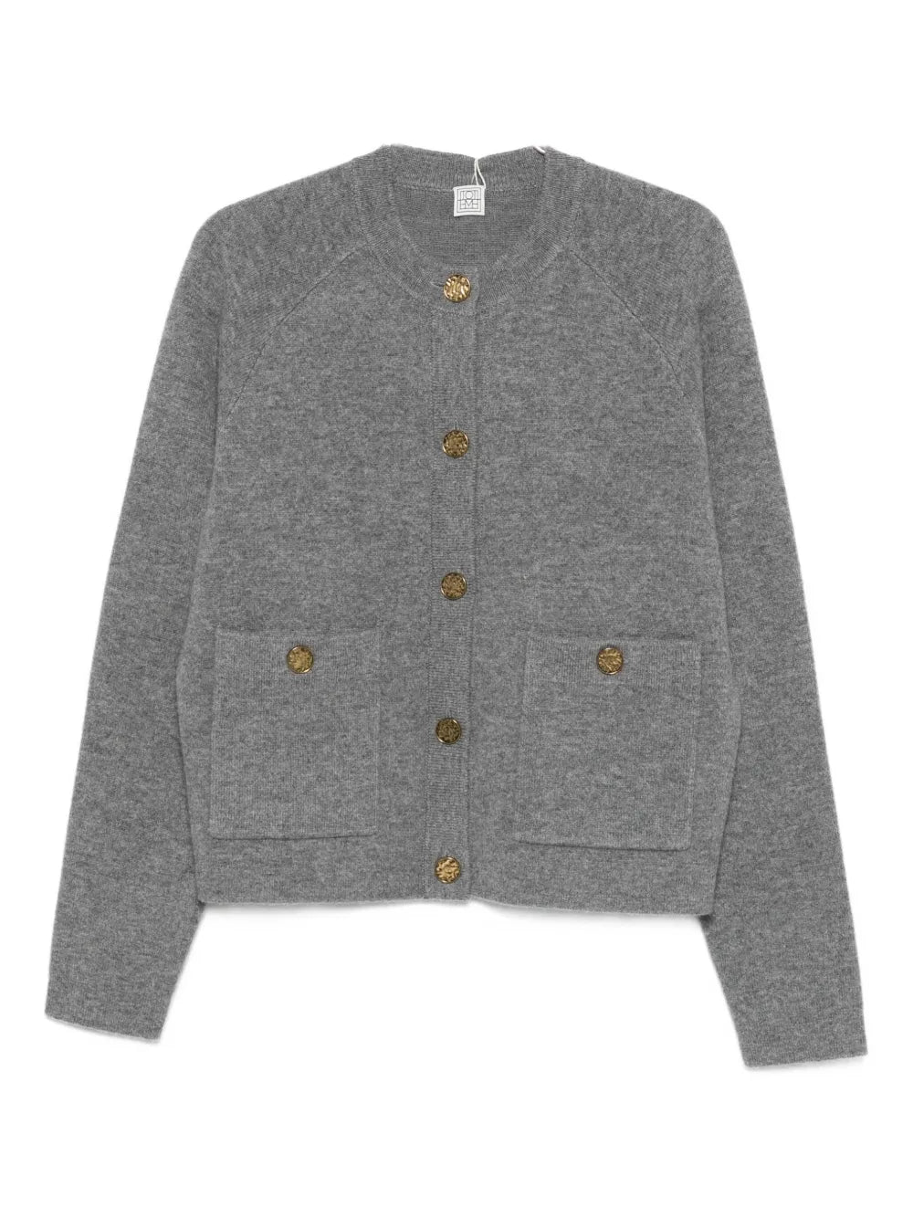 Hammered Botton Cardigan in Grey Melange featuring elegant hammered shank buttons on the placket for a stylish look.