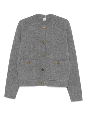 Hammered Botton Cardigan in Grey Melange featuring elegant hammered shank buttons on the placket for a stylish look.