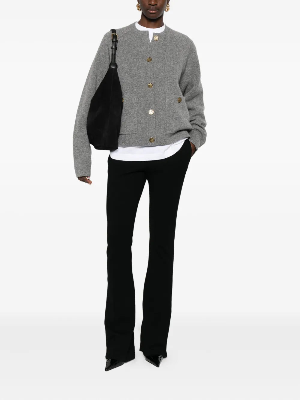 Close-up view of the Hammered Botton Cardigan in Grey Melange showcasing its soft wool and cashmere blend texture.