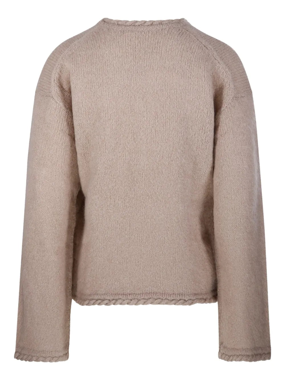 Close-up of the Cierra Sweater in Cobblestone by By Malene Birger, showcasing the round neckline and elongated sleeves for a cozy fit.