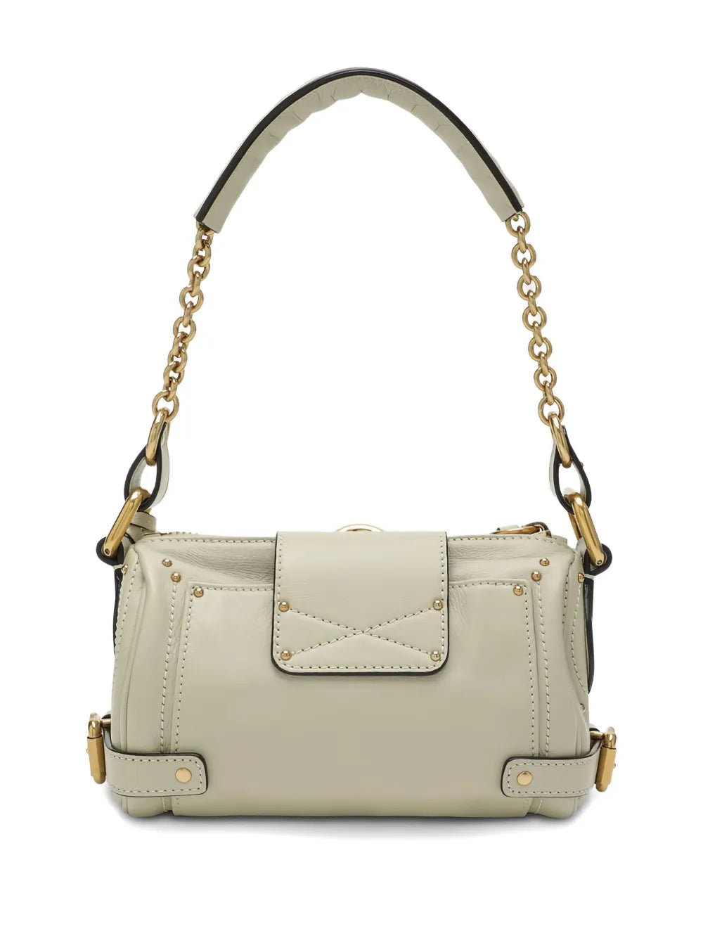 The iconic Small Paddington Chain Bag in Cloudy Cream displaying its slouchy silhouette and C-shaped buckles.