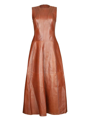 Juliette Dress in Wenge by Ulla Johnson showcasing its luxurious lambskin leather and detailed dotted perforations.