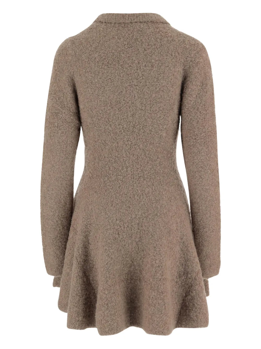 Close-up of the Balboa Volume Dress in Praline showcasing its modern knit design and rich texture.