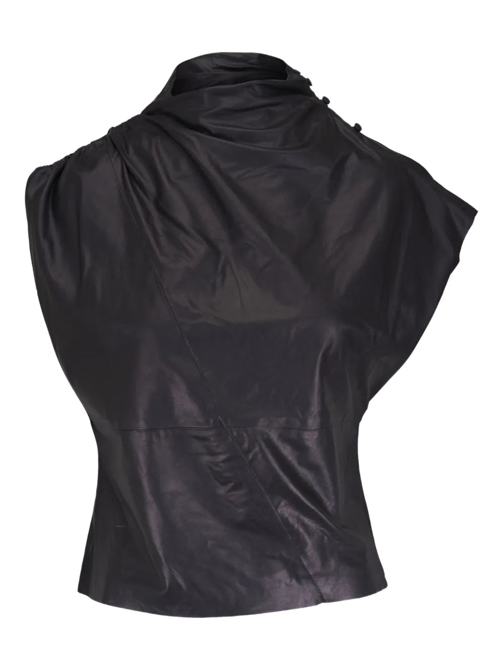 Wish You Would Top in Dark Midnight featuring a mock neck and cap sleeves, made from supple lamb leather.