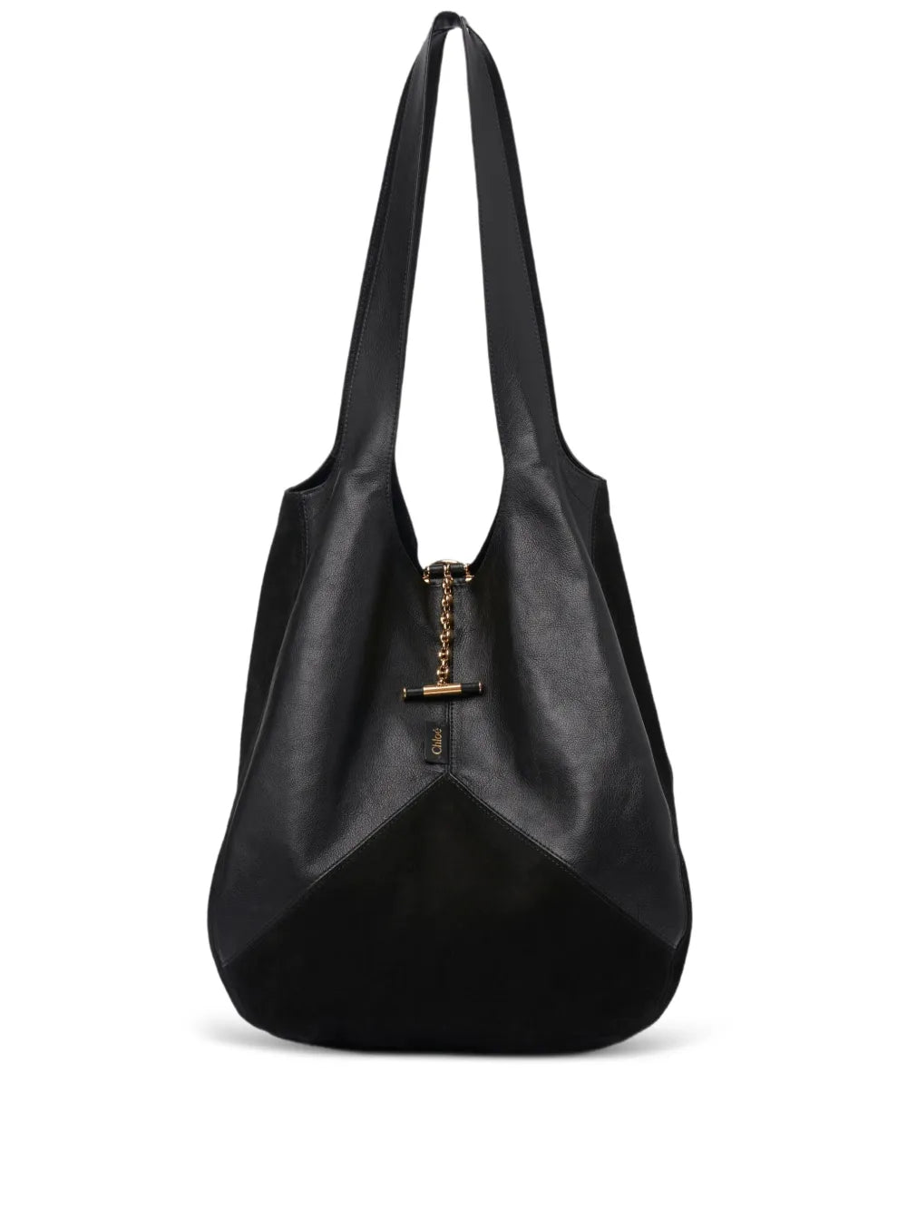 Chloé Balloon Bag in Black showcasing the unique patchwork of grained buffalo leather and suede calfskin.